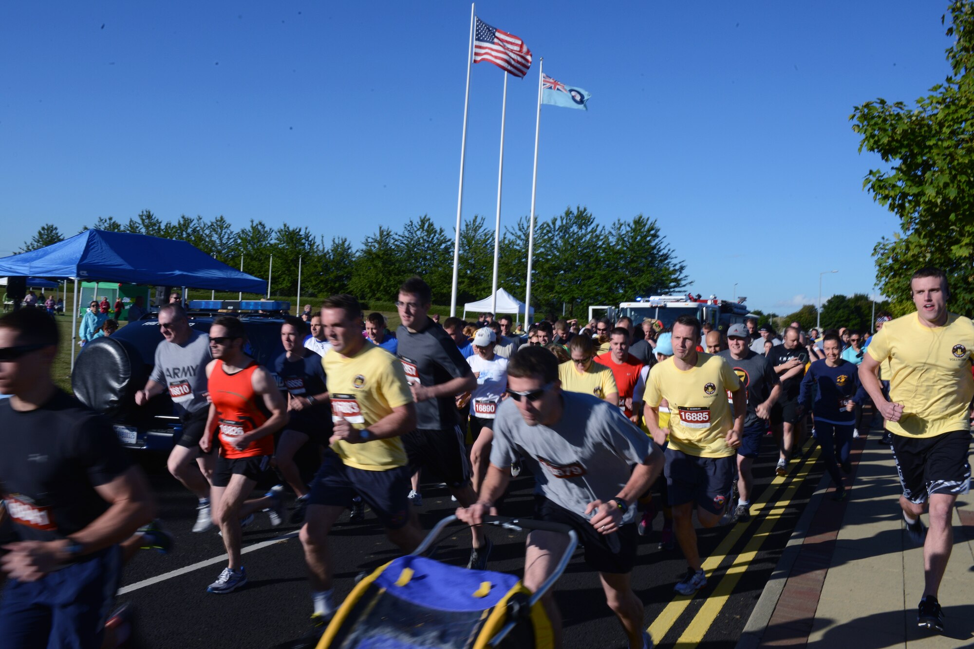 RAF MOLESWORTH, United Kingdom – Participants in the Heroes 9/11 Run/Walk begin the 5K run Sept. 7 at the time the first tower fell on Sept. 11, 2001, in New York. The event was held at RAF Molesworth and the money raised was donated to local charities in the United Kingdom. (U.S. Air Force photo by Tech. Sgt. Chrissy Best)