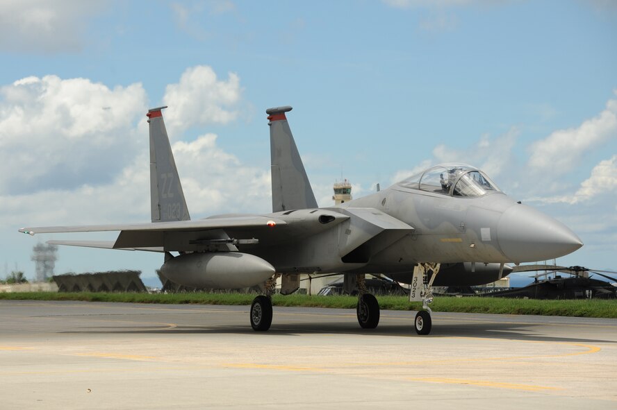 A U.S. Air Force F-15 Eagle taxis on the runway during a local operational readiness exercise on Kadena Air Base, Japan, Sept. 12, 2013. The F-15 is an all-weather, extremely maneuverable, tactical fighter used by the Air Force to gain and maintain air supremacy over the battlefield. (U.S. Air Force photo by Airman 1st Class Hailey R. Davis)