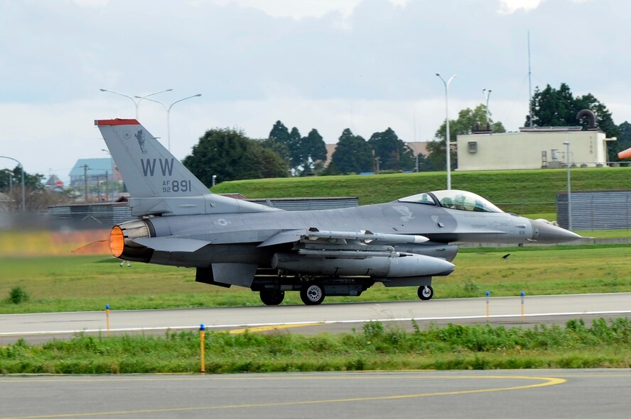 An U.S. Air Force F-16 Fighting Falcon with the 35th Fighter Wing takes off during an exercise at Misawa Air Base, Japan, Sept. 5, 2013. Misawa pilots exercised with the Japan Ground Self-Defense Force during Iron Spear 13-2, which is a biannual training exercise that tests the 35 FW’s mission of the suppression of enemy air defenses. (U.S. Air Force photo by Airman 1st Class Kaleb Snay)
