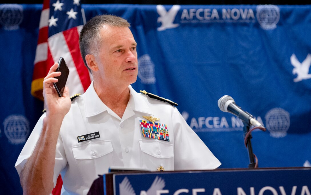 Navy Adm. James A. Winnefeld Jr., vice chairman of the Joint Chiefs of Staff, addresses an audience at the Armed Forces Communications and Electronics Association 6th Annual Joint Warfighter IT Day, Vienna, Va., Sept. 12, 2013. 