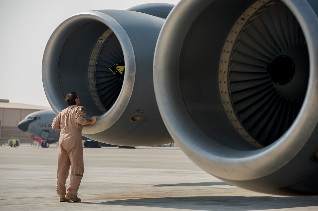 Capt. Andy Alfiero performs a preflight check on a KC-135R Stratotanker in preparation for a refueling mission over the Persian Gulf, Aug. 30, 2013. Alfiero is deployed from Maine Air National Guard. He is a 340th Expeditionary Air Refueling Squadron pilot. (U.S. Air Force photo/Master Sgt. Ben Bloker)