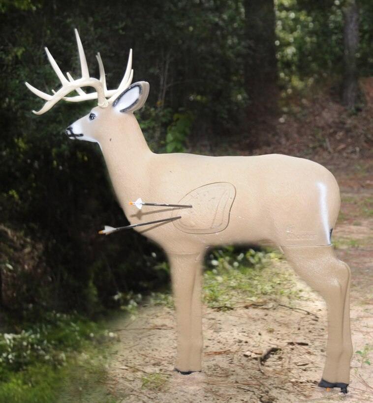 A 3-D deer target stands, at Marine Corps Logistics Base Albany's archery range, with several arrows from a hunter. The qualification course requires archers to demonstrate their ability to hit a target at unknown distances from an elevated stand. 