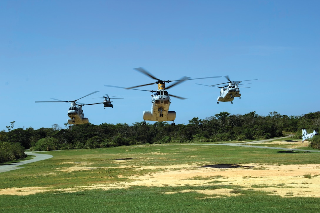 CH-46E Sea Knight helicopters practice landing and taking off at a confined landing zone in the Central Training Area Sept. 6 as part of a sundown flight held to commemorate the aircraft. Sundown flights are conducted as a military tradition for retiring aircraft. The Marine Corps is phasing-out the CH-46E and replacing it with the MV-22B Osprey tiltrotor aircraft. The CH-46Es are a part of Marine Medium Tiltorotor Squadron 262, Marine Aircraft Group 36, 1st Marine Aircraft Wing, III Marine Expeditionary Force.
