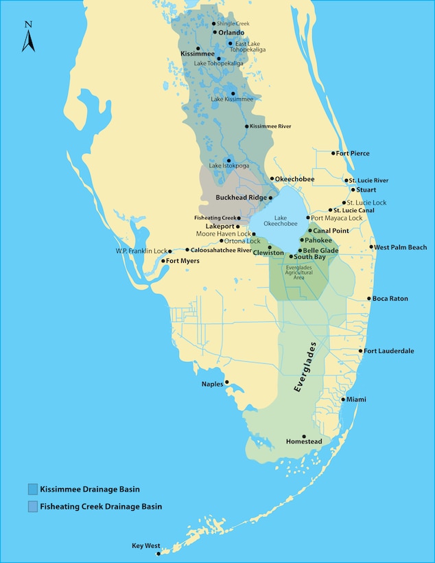 This map of south Florida shows the location of the Kissimmee and Fisheating Creek Drainage Basins, the Okeechobee Waterway and the Everglades in relation to Lake Okeechobee.