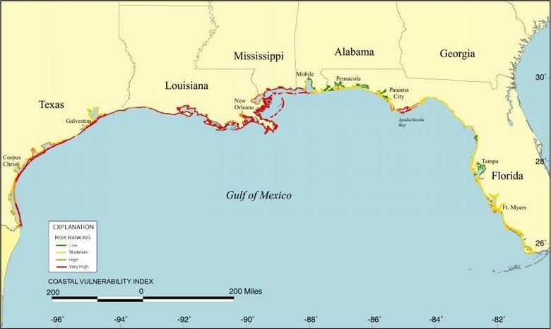 Map of the Coastal Vulnerability Index (C.V.I.) for the U. S. Gulf Coast. The C.V.I. shows the relative vulnerability of the coast to the changes due to the future rise in sea-level. Areas along the coast are assigned a ranking from low to very high risk, based on the analysis of physical variables that contribute to coastal change. (Source: http://pubs.usgs.gov/of/2000/of00-179/).