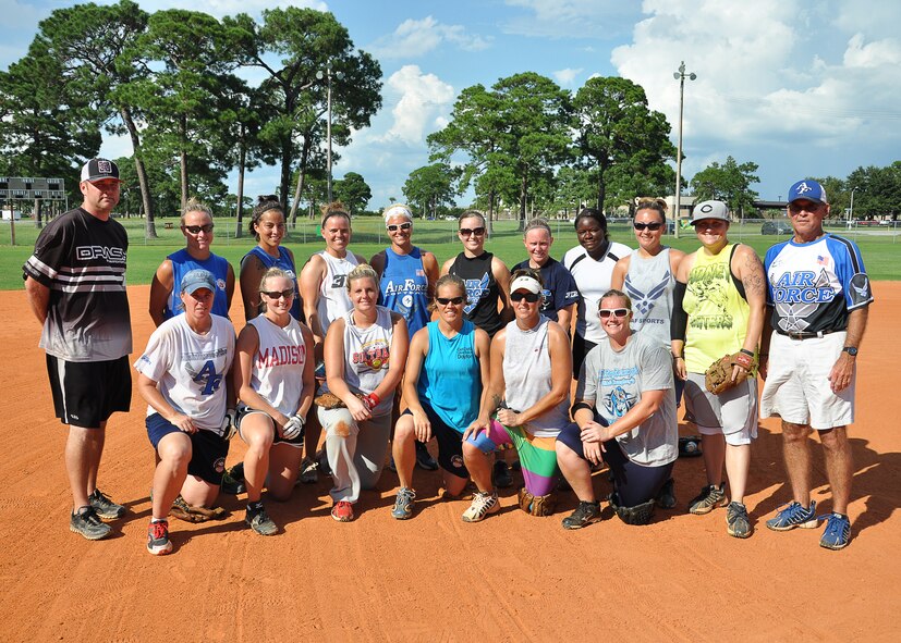 The All-Air Force women’s softball team poses for a team photo Sept. 5, 2013, Tyndall Air Force Base, Fla. The team was training to prepare for the All-Armed Forces Tournament starting Sept. 14 at Fort Sill, Okla. The All-Armed Forces Tournament pits the best players of the Air Force, Army and Marines against one another for a five-day playoff. (U.S. Air Force photo by Airman 1st Class Alex Echols) 