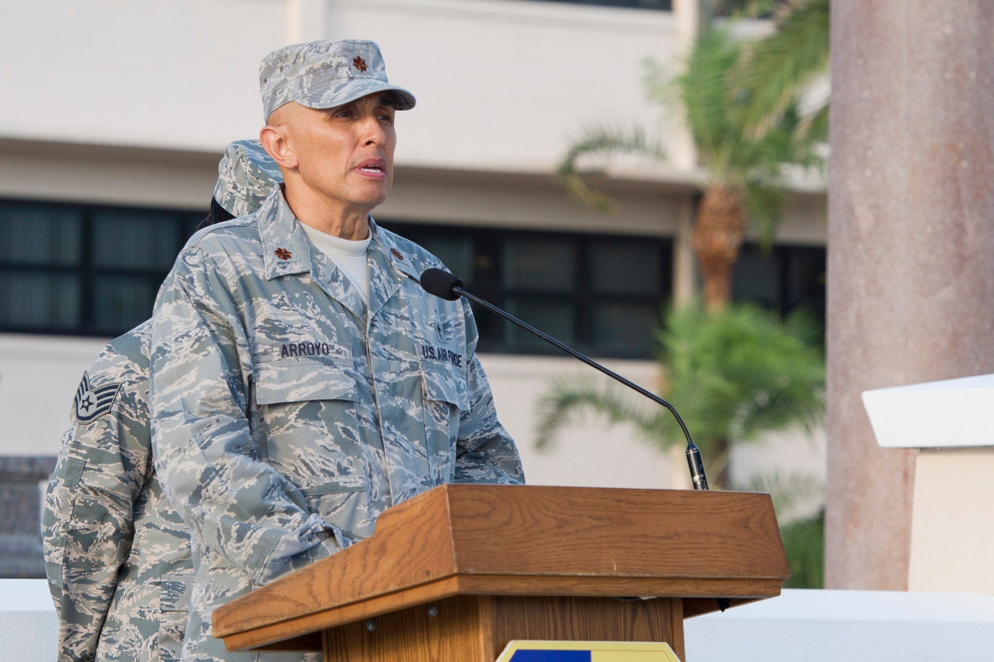 Maj. Nelson Arroyo, a 45th Space Wing Chaplain, opened the memorial ceremony with a prayer. "We have shed tears in a common bond of grief for those who were loved and lost on that day and for the many who have died for our nation and in the defense of freedom since 9/11," he said. (U.S. Air Force Photo/Matthew Jurgens)