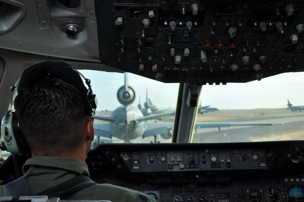 Lt. Col. Thad Middleton, 9th Air Refueling Squadron commander, taxis a KC-10 Extender on the Travis flightline Sept. 11. A 22-aircraft "freedom launch" took place at Travis AFB, Calif., Sept. 11, 2013. Seven C-17 Globemaster IIIs, 11 KC-10 Extenders and four C-5B Galaxies from the 60th Air Mobility Wing launched consecutively over 36 minutes to take part in Air Mobility Command missions. The first plane in the lineup, a C-17, launched at 8:46 a.m., the same time terrorists crashed American Airlines Flight 11 into the North Tower of the World Trade Center in New York City 12 years earlier. (U.S. Air Force photo/Senior Airman Madelyn Brown)