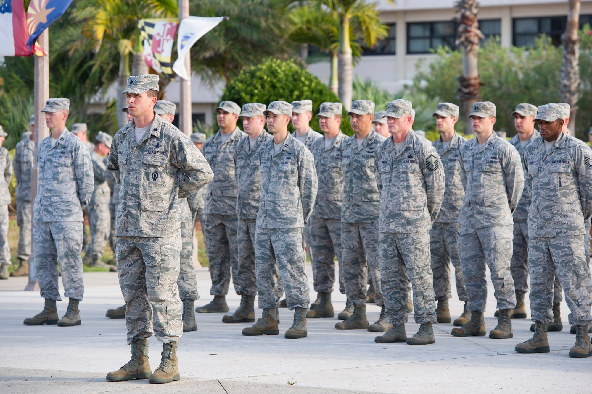 Lt. Col. David Ashley, commander, 5th Space Launch Squadron, leads Airmen during the Patriot's Day Memorial Service held Sept. 11 at Memorial Plaza on Patrick Air Force Base. The 45th Launch Group took the lead on organizing the event. (U.S. Air Force Photo/Matthew Jurgens)