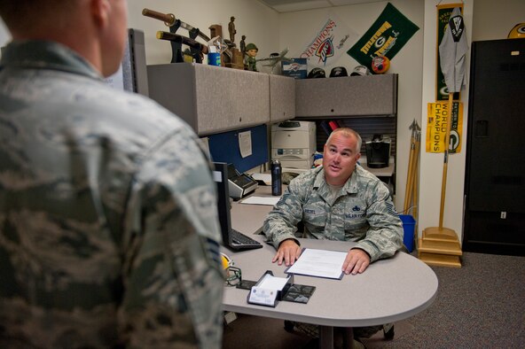 U.S. Air Force Master Sgt. Kelly Riedel, 366th Medical Group first sergeant, reprimands an Airman, Aug 20, 2013 at Mountain Home Air Force Base, Idaho. When needed, a first sergeant works alongside supervisors to ensure effective discipline to Airmen. (U.S. Air Force photo by Airman 1st Class Brittany Chase/Released)