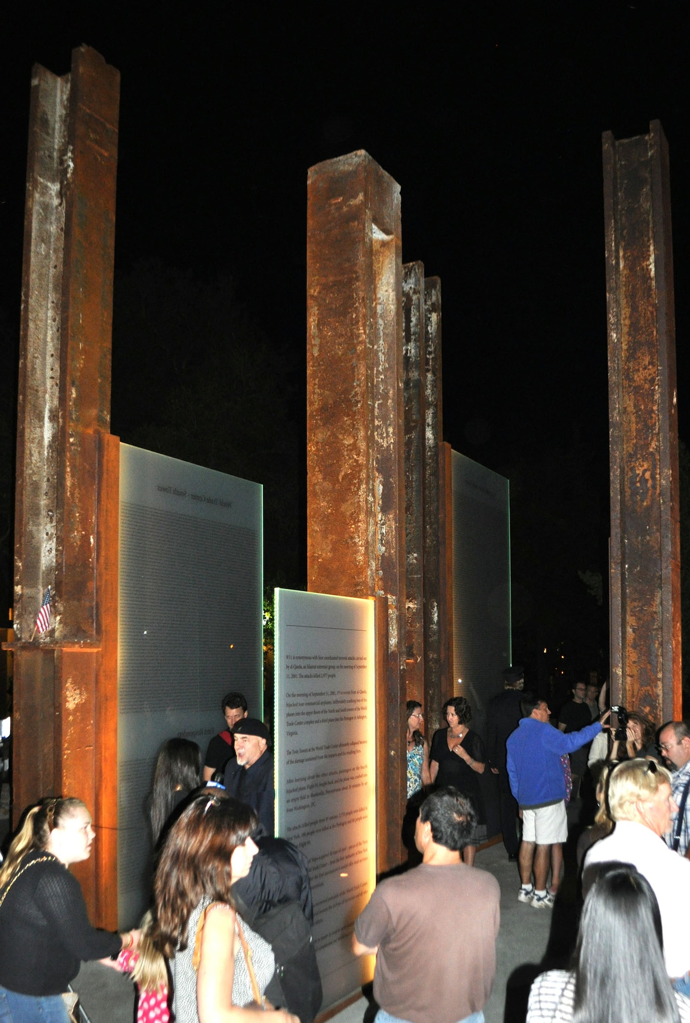 TRAVIS AIR FORCE BASE, Calif. -- The newly dedicated Napa 9-11 Memorial Garden. The names of each victim of the 2001 terrorist attacks on the World Trade Center and the Pentagon, are etched on the four glass panels that anchor the center of the sculpture, which includes four steel beams from the Twin Towers. (U.S. Air Force photo/Ellen Hatfield)