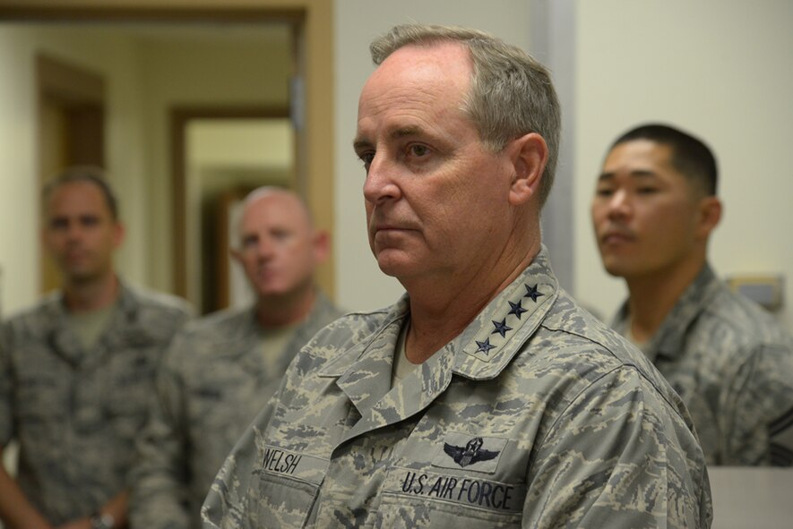 Air Force Chief of Staff Gen. Mark A. Welsh III receives a briefing from members of Air Force Personnel Center’s Total Force Service Center at Joint Base San Antonio-Randolph, Texas, Sept. 11, 2013. Customer service representatives handle approximately 50,000 calls a month and are available around-the-clock, 361 days a year via telephone. The TFSC is always open for email, to ensure total force Airmen receive direct personnel service and support on centralized personnel programs. The Air Force Personnel Center also manages the myPers website designed to help individuals easily find information about personnel program.  For more information about personnel issues, visit the myPers website at https://mypers.af.mil. (U.S. Air Force photo by Joel Martinez)