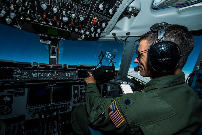 Lt. Col. Doug Soho, 437th Operations Group chief of standards and evaluations, flies co-pilot to Lt. Gen. Stanley Clarke, Air National Guard director, during the first flight of the final U.S. Air Force C-17 Globemaster III, P-223, Sept. 12, 2013, to Joint Base Charlesotn, S.C. Lt. Gen. James Jackson, Air Force Reserve commander, performed the take-off from California with Gen. Paul Selva, Air Mobility Command commander, taking over mid-flight and Lt. Gen. Stanley Clarke, Air National Guard commander, landing the aircraft at Joint Base Charleston, S.C. This historical event comes more than 20 years after the 437th Airlift Wing and the 315th Airlift Wing took delivery of the very first C-17 to enter the Air Force inventory June 14, 1993 and marks the successful completion of C-17 production for the U.S. Air Force. (U.S. Air Force photo/ Senior Airman Dennis Sloan)