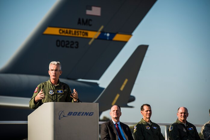 Gen. Paul Selva, Air Mobility Command commander, speaks to Boeing employees at the final U.S. Air Force C-17 Globemaster III, P-223, delivery ceremony Sept. 12, 2013, at Long Beach, Calif. The C-17 was flown from California to Joint Base Charleston, S.C., by pilots to include Selva, Lt. Gen. Stanley Clarke, Air National Guard director, and Lt. Gen. James Jackson, Air Force Reserve commander. This historical event comes more than 20 years after the 437th Airlift Wing and the 315th Airlift Wing took delivery of the very first C-17 to enter the Air Force inventory June 14, 1993 and marks the successful completion of C-17 production for the U.S. Air Force. (U.S. Air Force photo/ Senior Airman Dennis Sloan)