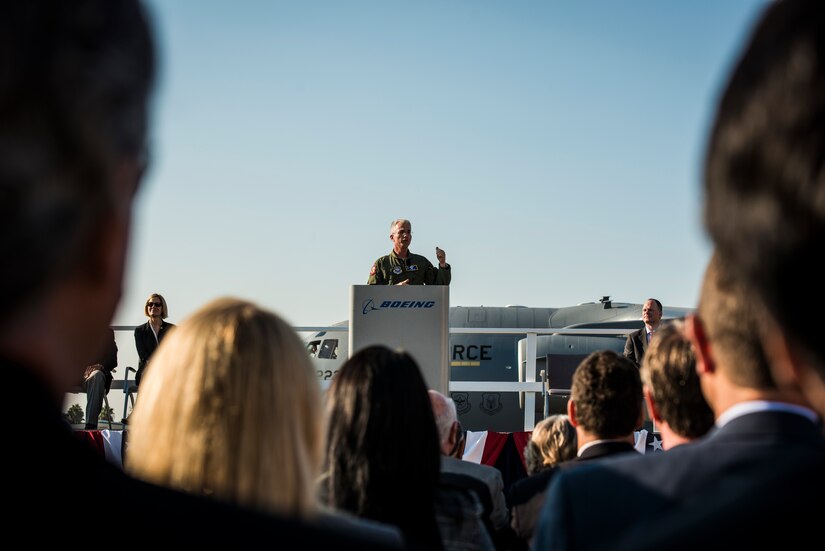 Gen. Paul Selva, Air Mobility Command commander, speaks to Boeing employees at the final U.S. Air Force C-17 Globemaster III, P-223, delivery ceremony Sept. 12, 2013, at Long Beach, Calif. The C-17 was flown from California to Joint Base Charleston, S.C., by pilots to include Selva, Lt. Gen. Stanley Clarke, Air National Guard director and Lt. Gen. James Jackson, Air Force Reserve commander. This historical event comes more than 20 years after the 437th Airlift Wing and the 315th Airlift Wing took delivery of the very first C-17 to enter the Air Force inventory June 14, 1993 and marks the successful completion of C-17 production for the U.S. Air Force. (U.S. Air Force photo/ Senior Airman Dennis Sloan)