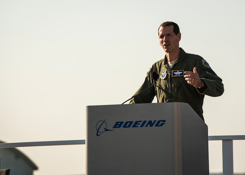 Lt. Gen. Stanley Clarke, Air National Guard director, speaks to Boeing employees at the final U.S. Air Force C-17 Globemaster III, P-223, delivery ceremony Sept. 12, 2013, at Long Beach, Calif. The C-17 was flown from California to Joint Base Charleston, S.C., by pilots to include Clarke, Gen. Paul Selva, Air Mobility Command commander and Lt. Gen. James Jackson, Air Force Reserve commander. This historical event comes more than 20 years after the 437th Airlift Wing and the 315th Airlift Wing took delivery of the very first C-17 to enter the Air Force inventory June 14, 1993 and marks the successful completion of C-17 production for the U.S. Air Force. (U.S. Air Force photo/ Senior Airman Dennis Sloan)