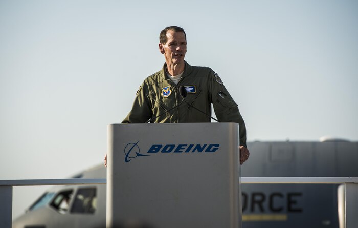 Lt. Gen. Stanley Clarke, Air National Guard director, speaks to Boeing employees at the final U.S. Air Force C-17 Globemaster III, P-223, delivery ceremony Sept. 12, 2013, at Long Beach, Calif. The C-17 was flown from California to Joint Base Charleston, S.C., by pilots to include Clarke, Gen. Paul Selva, Air Mobility Command commander and Lt. Gen. James Jackson, Air Force Reserve commander. This historical event comes more than 20 years after the 437th Airlift Wing and the 315th Airlift Wing took delivery of the very first C-17 to enter the Air Force inventory June 14, 1993 and marks the successful completion of C-17 production for the U.S. Air Force. (U.S. Air Force photo/ Senior Airman Dennis Sloan)