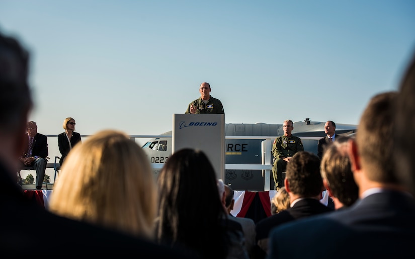 Lt. Gen. James Jackson, Air Force Reserve commander, speaks to Boeing employees at the final U.S. Air Force C-17 Globemaster III, P-223, delivery ceremony Sept. 12, 2013, at Long Beach, Calif. The C-17 was flown from California to Joint Base Charleston, S.C., by pilots to include Jackson, Gen. Paul Selva, Air Mobility Command commander and Lt. Gen. Stanley Clarke, Air National Guard director. This historical event comes more than 20 years after the 437th Airlift Wing and the 315th Airlift Wing took delivery of the very first C-17 to enter the Air Force inventory June 14, 1993 and marks the successful completion of C-17 production for the U.S. Air Force. (U.S. Air Force photo/ Senior Airman Dennis Sloan)