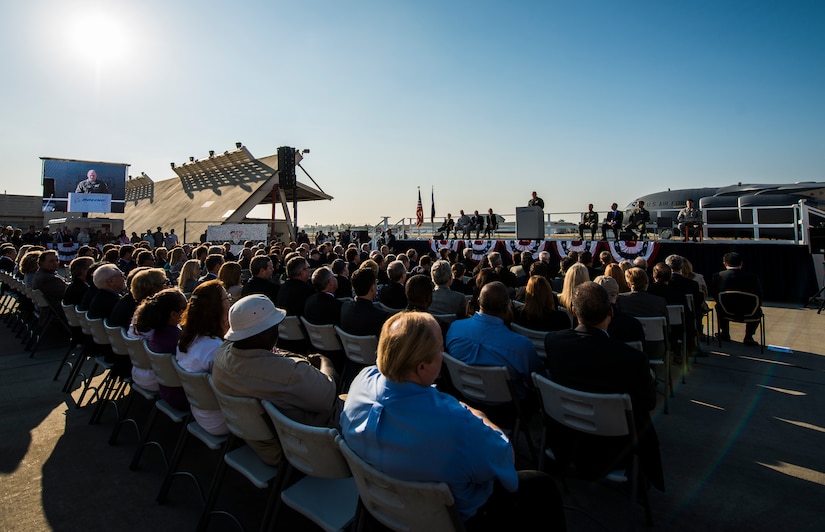Lt. Gen. James Jackson, Air Force Reserve commander, speaks to Boeing employees at the final U.S. Air Force C-17 Globemaster III, P-223, delivery ceremony Sept. 12, 2013, at Long Beach, Calif. The C-17 was flown from California to Joint Base Charleston, S.C., by pilots to include Jackson, Gen. Paul Selva, Air Mobility Command commander and Lt. Gen. Stanley Clarke, Air National Guard director. This historical event comes more than 20 years after the 437th Airlift Wing and the 315th Airlift Wing took delivery of the very first C-17 to enter the Air Force inventory June 14, 1993 and marks the successful completion of C-17 production for the U.S. Air Force. (U.S. Air Force photo/ Senior Airman Dennis Sloan)