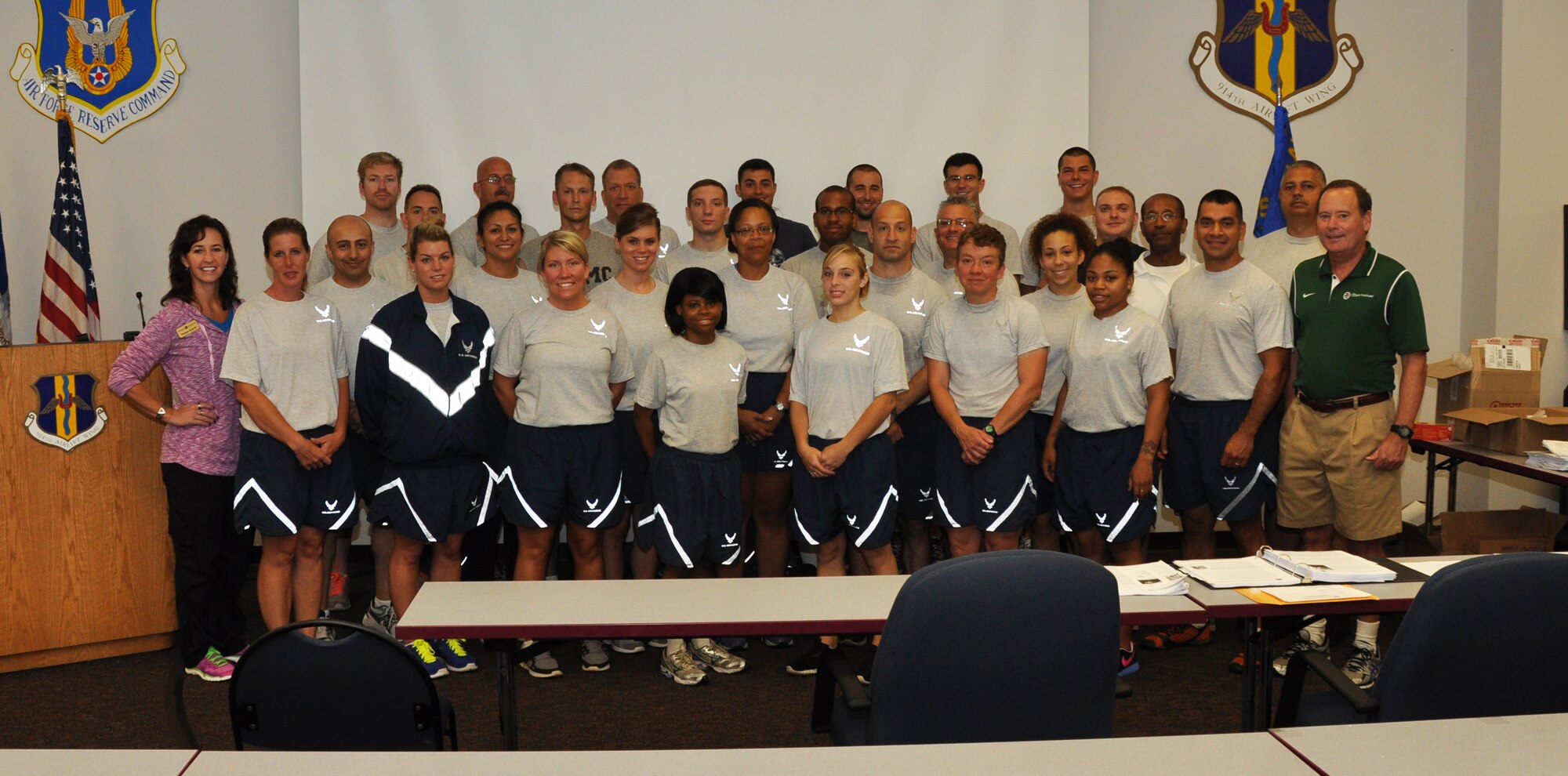 Force Support Squadron members of the 914th, 107th and 445th Airlift Wings  participated in a Cooper Institute Military and 1st Responder Course held at Niagara Falls Air Reserve Station, N.Y., September 9-12, 2013. This course is designed to teach Airmen how to instruct others in physical fitness through exercise and healthy living. (U.S. Air Force photo by Staff Sgt Stephanie Clark) 