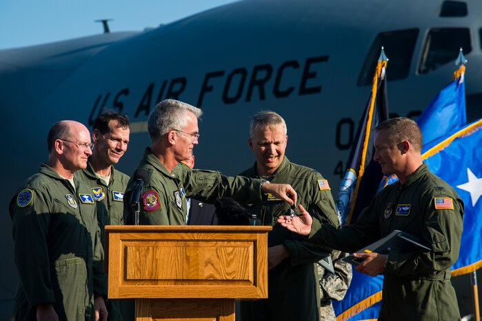 Members of Joint Base Charleston, Boeing, the local community and other distinguished visitors gather for a ceremony held to commemorate the delivery of the final U.S. Air Force C-17 Globemaster III, P-223, Sept. 12, 2013, on the flight line at Joint Base Charleston - Air Base, S.C. This historical event comes more than 20 years after the 437th Airlift Wing and the 315th Airlift Wing took delivery of the very first C-17 to enter the Air Force inventory June 14, 1993 and marks the successful completion of C-17 production for the U.S. Air Force. (U.S. Air Force photo/ Senior Airman George Goslin)