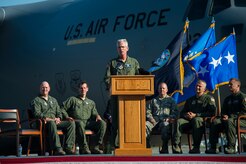 General Paul Selva, Air Mobility Command commander, gives a speech during a ceremony held to commemorate the delivery of the final U.S. Air Force C-17 Globemaster III, P-223, Sept. 12, 2013, on the flight line at Joint Base Charleston - Air Base, S.C. This historical event comes more than 20 years after the 437th Airlift Wing and the 315th Airlift Wing took delivery of the very first C-17 to enter the Air Force inventory June 14, 1993 and marks the successful completion of C-17 production for the U.S. Air Force. (U.S. Air Force photo/ Senior Airman George Goslin)