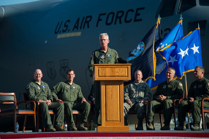 General Paul Selva, Air Mobility Command commander, gives a speech during a ceremony held to commemorate the delivery of the final U.S. Air Force C-17 Globemaster III, P-223, Sept. 12, 2013, on the flight line at Joint Base Charleston - Air Base, S.C. This historical event comes more than 20 years after the 437th Airlift Wing and the 315th Airlift Wing took delivery of the very first C-17 to enter the Air Force inventory June 14, 1993 and marks the successful completion of C-17 production for the U.S. Air Force. (U.S. Air Force photo/ Senior Airman George Goslin)