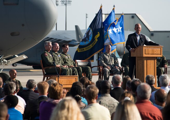 Mr. Dennis Muilenburg, president and CEO of Boeing Defense, Space and Security, speaks to the audience Sept. 12, 2013, during a ceremony commemorating the delivery of the final U.S. Air Force C-17 Globemaster III, P-223, at Joint Base Charleston - Air Base, S.C. This historical event comes more than 20 years after the 437th Airlift Wing and the 315th Airlift Wing took delivery of the very first C-17 to enter the Air Force inventory June 14,1993 and marks the successful completion of C-17 production for the U.S. Air Force. (U.S. Air Force photo/Tech. Sgt. Rasheen Douglas)