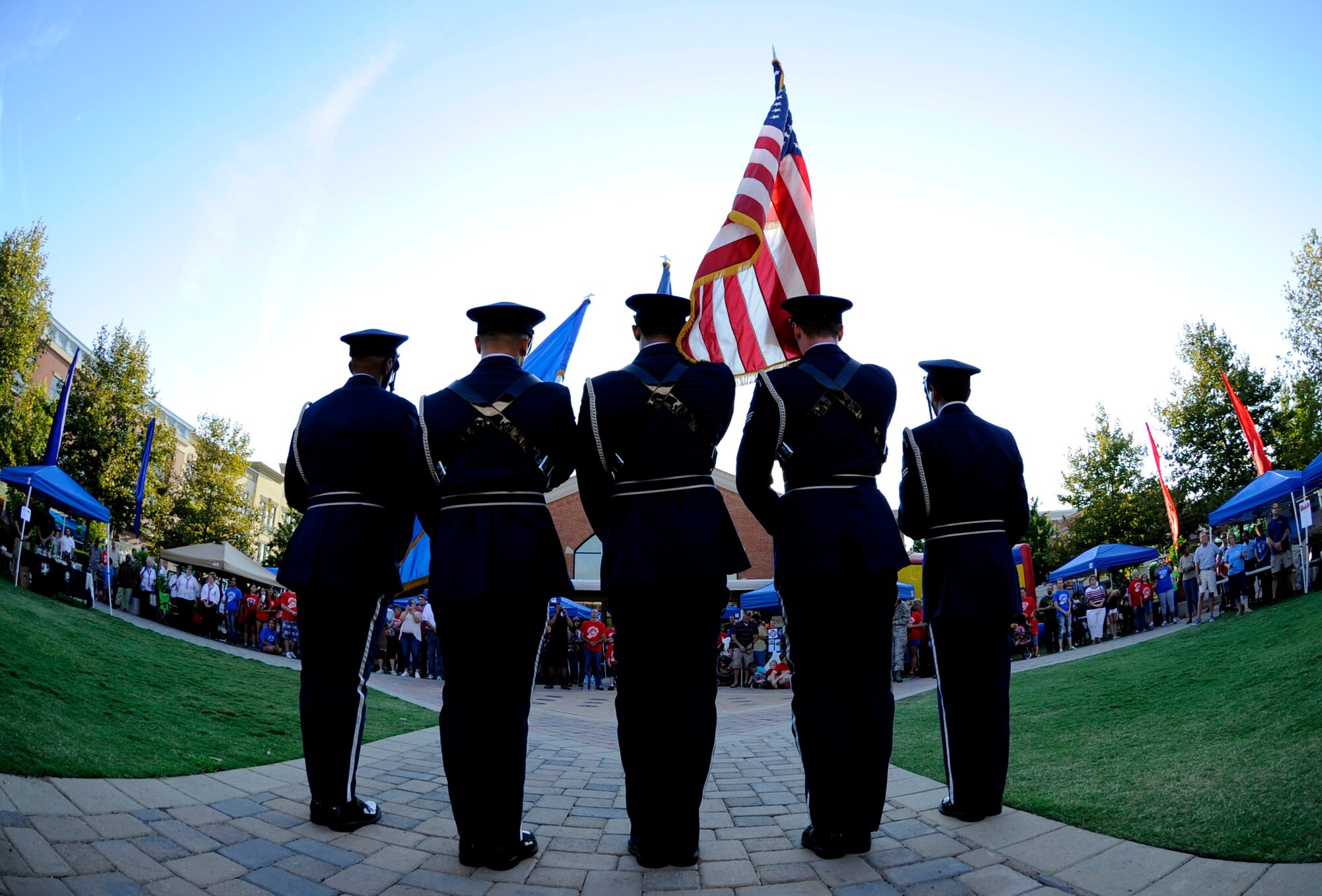 Members of the Air Combat Command Honor Guard post colors at the September 11 Memorial Ceremony Sept. 11, 2013 in Hampton, Va. The death toll of the attacks was 2,997 people, including the 19 hijackers. The majority of casualties were civilians, including more than 70 foreign nationals. (U.S. Air Force Photo/Sachel Seabrook)

