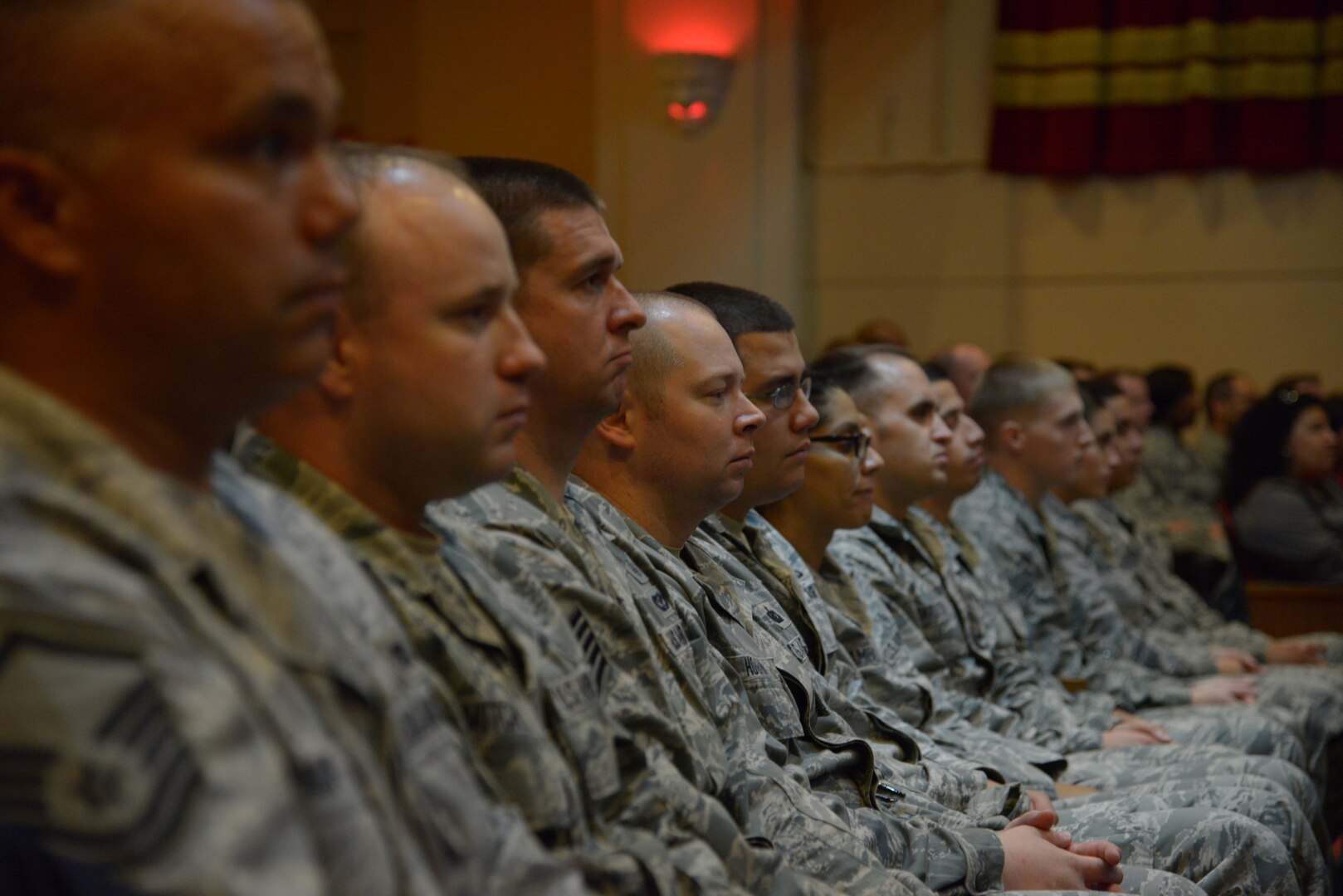 Airmen from the 502nd Air Base Wing, Air Force Recruiting Service and the 12th Flying Training Wing gathered for an All Call at the Joint Base San Antonio-Randolph Fleenor Auditorium Sept. 12.  The All Call was hosted by Gen. Mark A. Welsh II, Air Force Chief of Staff.  Welsh and his wife, Betty, visited San Antonio Sept. 11-13 to thank Airmen and their family members for their continued service and dedication.  (U.S. Air Force photo by Joel
Martinez)
