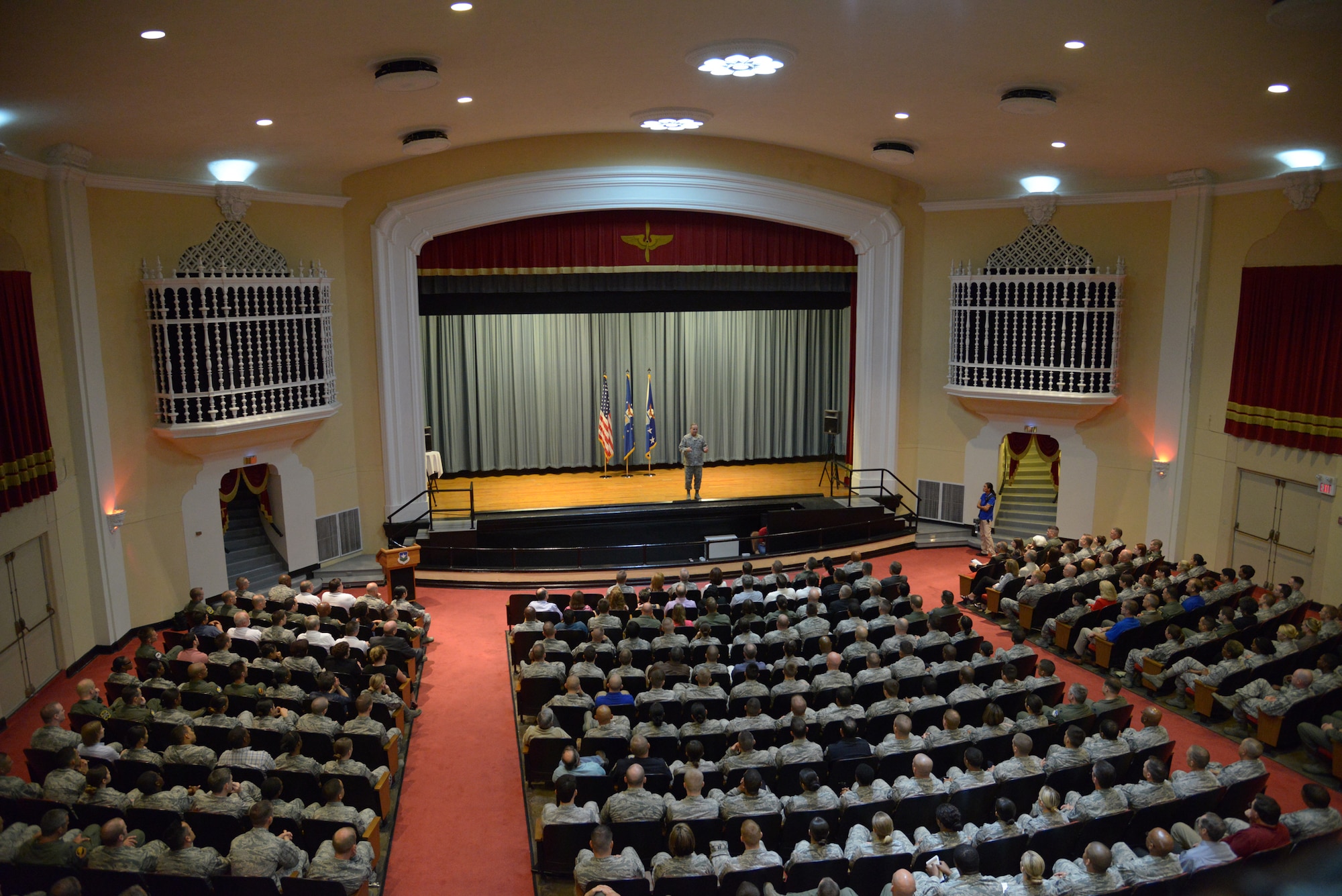 Airmen from the 502nd Air Base Wing, Air Force Recruiting Service and the 12th Flying Training Wing gathered for an All Call at the Joint Base San Antonio-Randolph Fleenor Auditorium Sept. 12.  The All Call was hosted by Gen. Mark A. Welsh II, Air Force Chief of Staff.  Welsh and his wife, Betty, visited San Antonio Sept. 11-13 to thank Airmen and their family members for their continued service and dedication. (U.S. Air Force photo by Joel Martinez)
