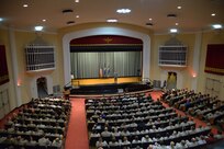 Airmen from the 502nd Air Base Wing, Air Force Recruiting Service and the 12th Flying Training Wing gathered for an All Call at the Joint Base San Antonio-Randolph Fleenor Auditorium Sept. 12.  The All Call was hosted by Gen. Mark A. Welsh II, Air Force Chief of Staff.  Welsh and his wife, Betty, visited San Antonio Sept. 11-13 to thank Airmen and their family members for their continued service and dedication. (U.S. Air Force photo by Joel Martinez)
