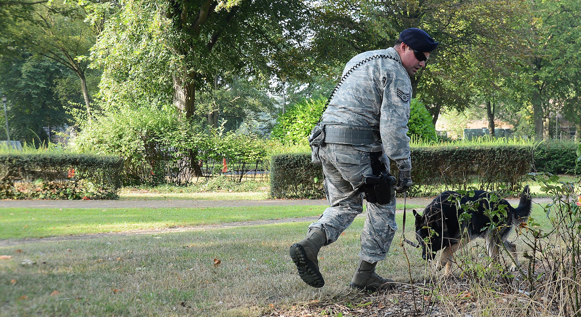 Staff Sgt. Jerrod Ricketts, 48th Security Forces Squadron military working dog handler, and his MWD Basco, conduct a perimeter search during an active-shooter exercise on Royal Air Force Feltwell, England, Sept. 5, 2013. Responders from 48th SFS, 48th Civil Engineer Squadron Explosives Ordnance Disposal and 48th CES Fire Department were evaluated during the training by the 48th Fighter Wing Inspection Team. (U.S. Air Force photo by Staff Sgt. Thomas Trower/Released)