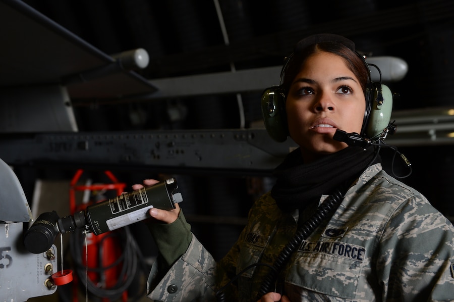 SPANGDAHLEM AIR BASE, Germany - U.S. Air Force Airman 1st Class Cindy Frias, 52nd Aircraft Maintenance Squadron weapons crew member from New York, conducts a Lau-118 functional check Sept. 12, 2013. Aircraft go through a 10-day phase inspection every 400 hours. To ensure mission readiness maintenance leadership reviews all inspections. (U.S. Air Force photo by Airman 1st Class Kyle Gese/Released)