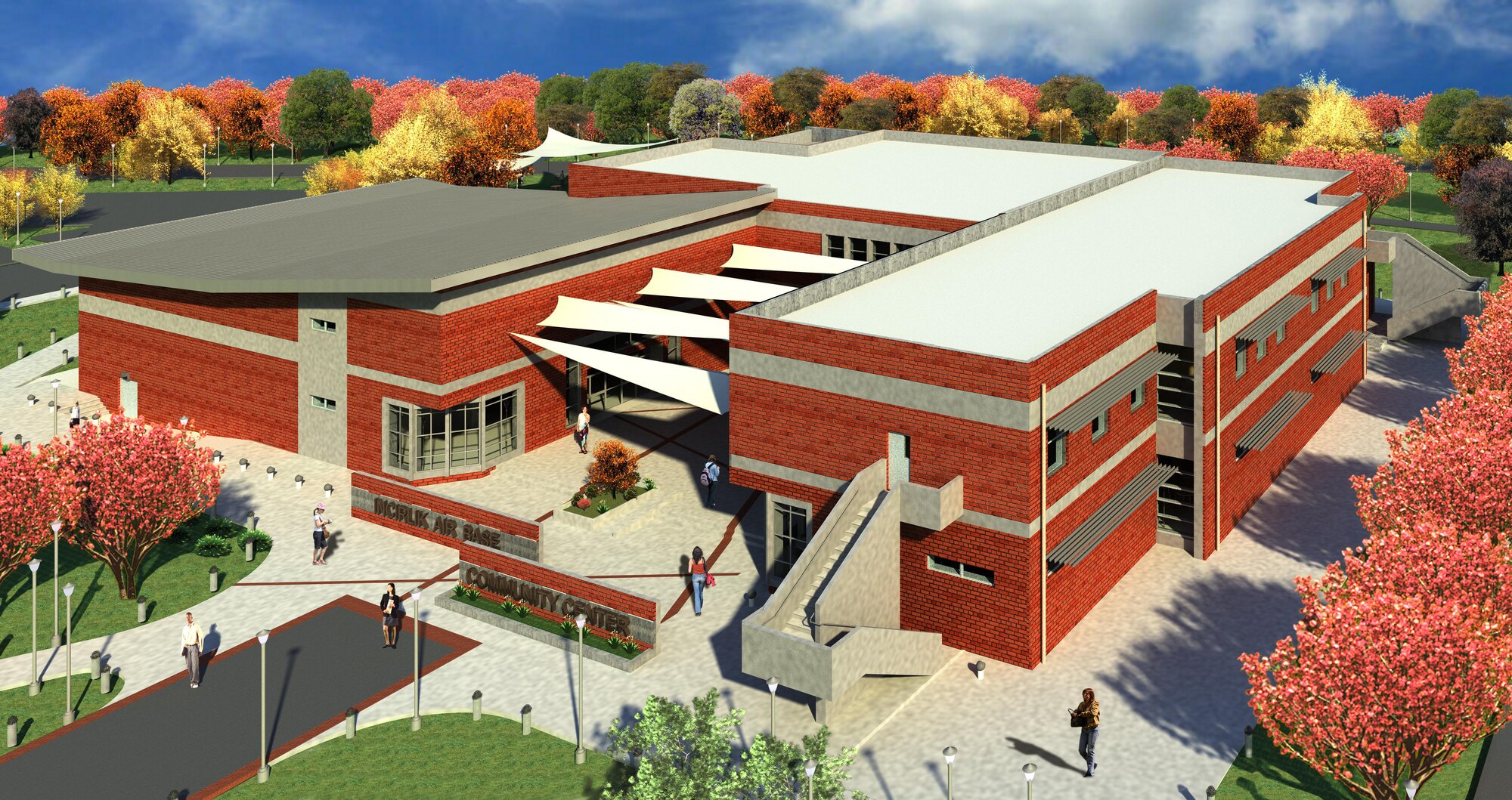 An artist’s rendering of the finished Incirlik Air Base Consolidated Community Center. The center will include a theater, library, game and activities room, conference room, multipurpose room with a stage, and reading and computer rooms. (Courtesy graphic)