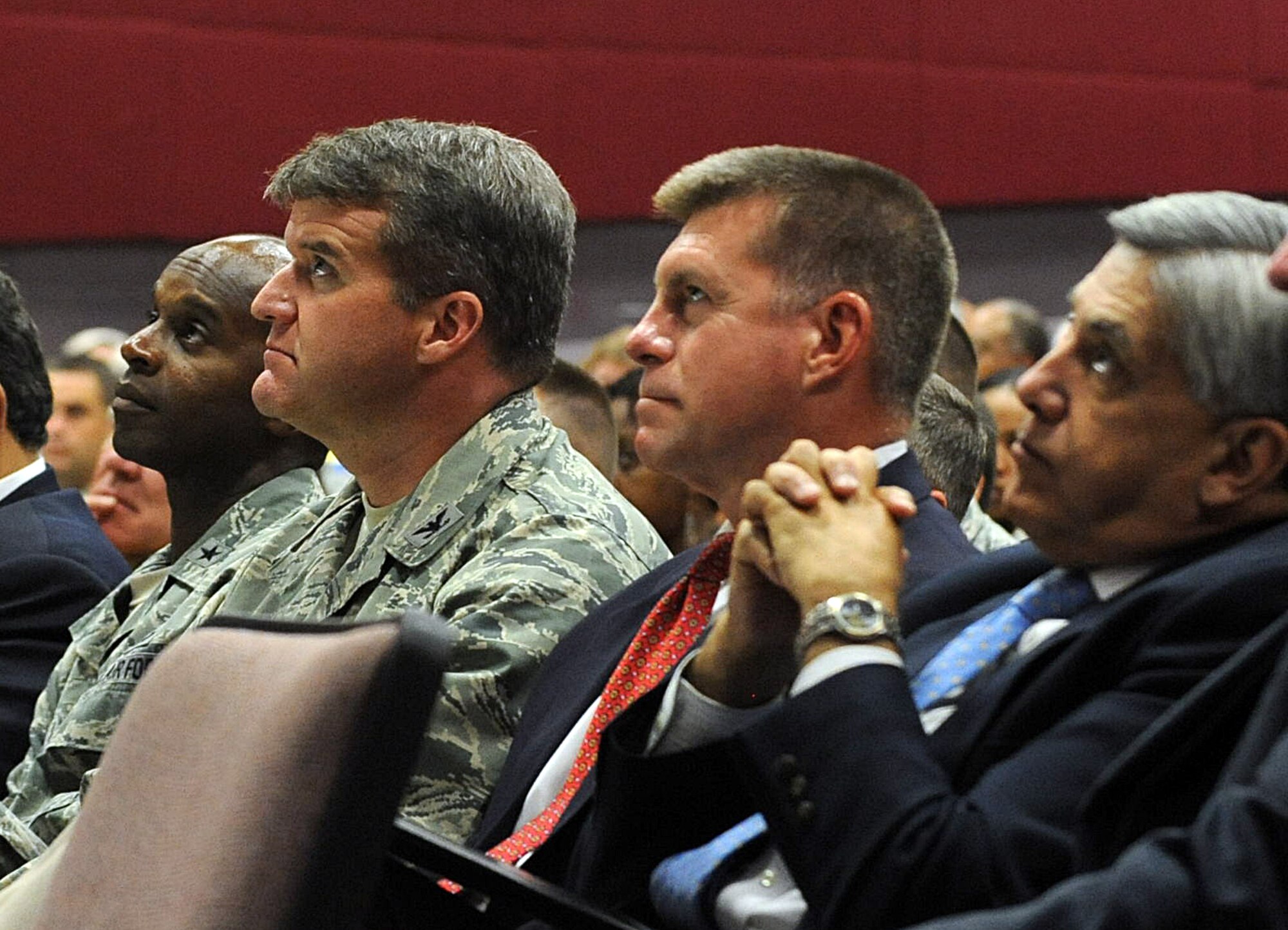 (Left to right) Brig. Gen. Cedric George, Warner Robins Air Logistics Complex commander; Col. Christopher Hill, Installation commander; William Swigert, AFSC Personnel Directorate director; and Jose Aragon, AFSC Financial Management and Comptroller director; listen as Lt. Gen. Litchfield drives home the message that Robins has the capability to conduct its mission better than anyone else, and stressed that working smarter doesn’t necessarily mean working faster. (U.S. Air Force photo by Tommie Horton)