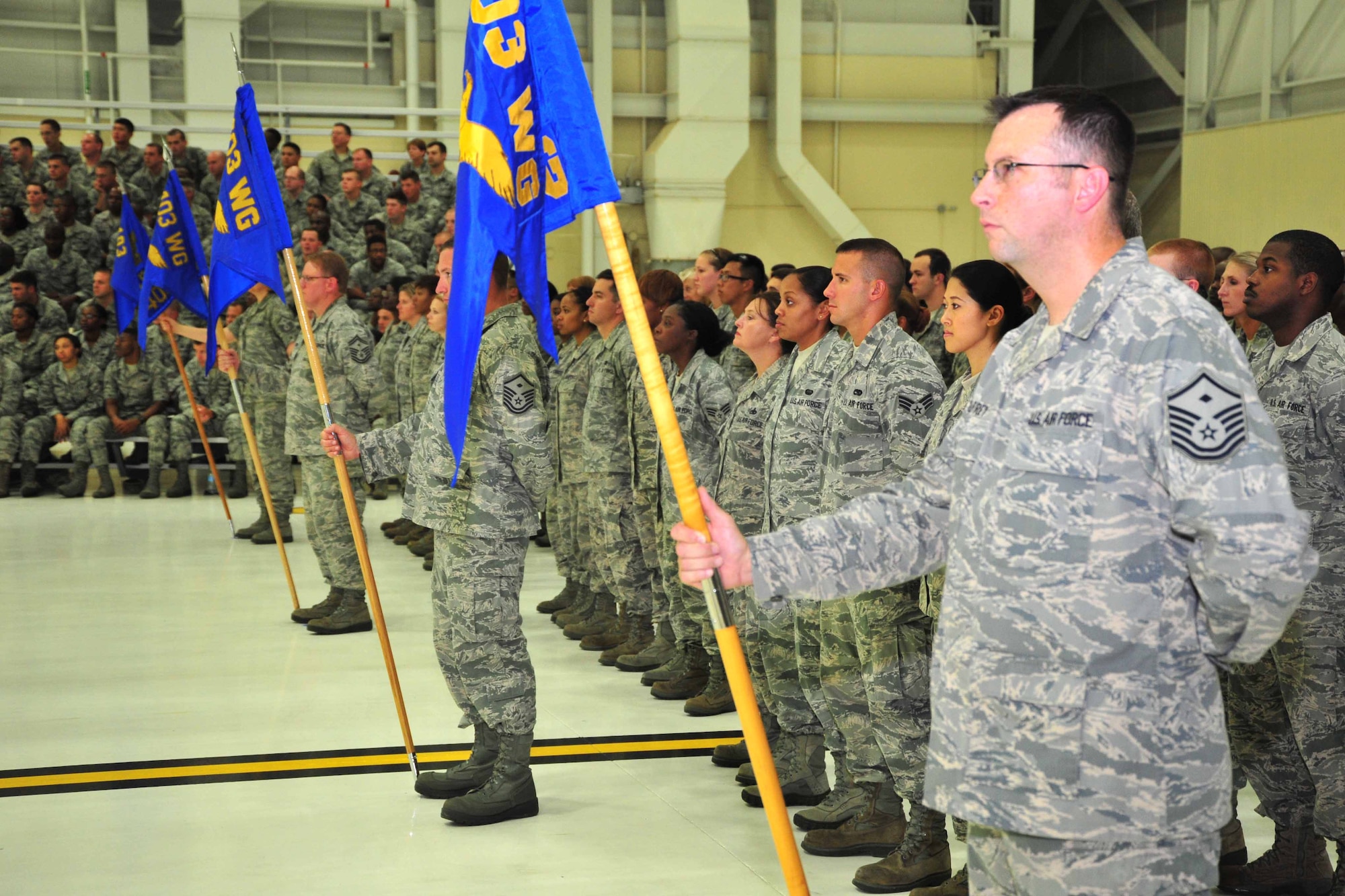 Members of the 403rd Wing stand in formation during an assumption of command ceremony held at Keesler Air Force Base, Miss. Colonel Frank Amodeo assumed command of the 403rd Wing during the ceremony Sept. 14, 2013. (U.S. Air Force photo/Tech. Sgt. Ryan Labadens)