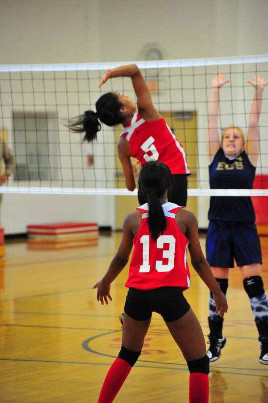 Marquis prepares to spike a volleyball during a game at Quantico Middle/High School on Sept. 9, 2013. The Quantico Middle/High School team beat Emmanuel Christian School continuing their undefeated 2013 season.
