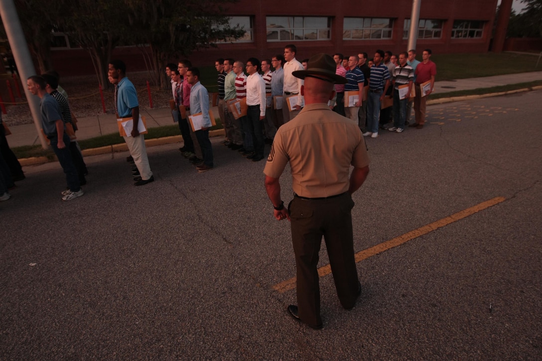 Young men arrived for Marine Corps recruit training on Parris Island, S.C., from all over the eastern United States on Aug. 26, 2013. Most of these young men, now recruits of Kilo Company, 3rd Recruit Training Battalion, will be transformed during the next 13 weeks into basic Marines, representing the epitome of personal character, selflessness and military virtue. Kilo Company is scheduled to graduate Nov. 22, 2013. Parris Island has been the site of Marine Corps recruit training since Nov. 1, 1915. Today, approximately 20,000 recruits come to Parris Island annually for the chance to become United States Marines by enduring 13 weeks of rigorous, transformative training. Parris Island is home to entry-level enlisted training for 50 percent of males and 100 percent of females in the Marine Corps. (Photo by Cpl. Caitlin Brink