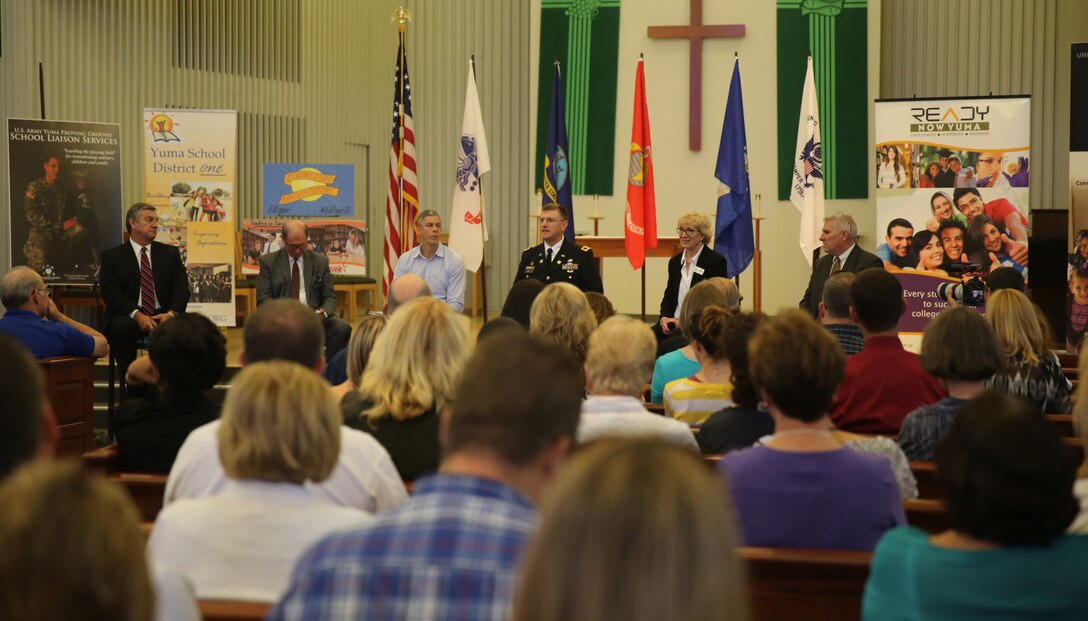As part of his "Back to School" bus tour, Secretary of Education Arne Duncan visits Marine Corps Air Station Yuma, Ariz., Thursday. Panel members included superintendents from all school districts in Yuma to discuss various topics which included changes in school curriculum, effects of sequestration and the education of the military child. Military parents, Yuma education leaders, and teachers had the opportunity to attend the open forum discussion to voice questions and concerns on military children’s' education.