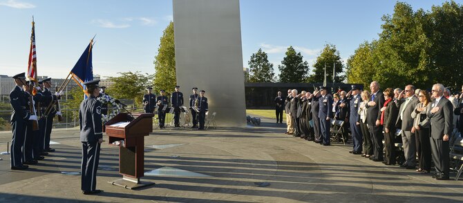 The Air Force's 12 Outstanding Airmen of the Year, Air Force senior leaders and Air Force Association members gathered for an early morning memorial service and wreath laying ceremony Sept 15, 2013, at the Air Force Memorial Arlington, Va. Laying the wreath were Air Force Assistant Vice Chief of Staff Lt. Gen. Stephen Hoog,  Air Force Association Chairman of the Board Mr. George Muellner and Chief Master Sergeant of the Air Force James Cody. (U.S. Air Force photo/Jim Varhegyi)