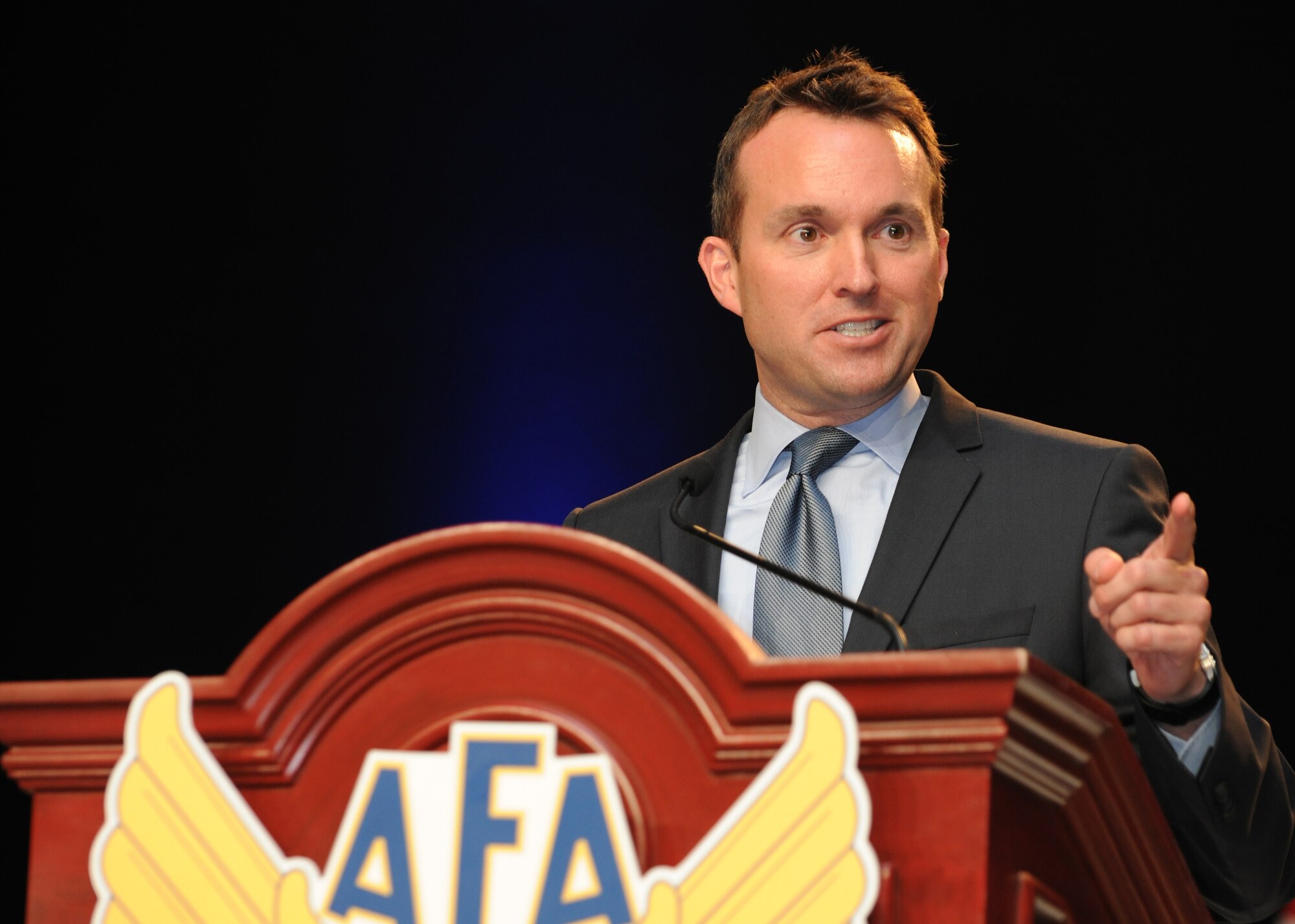 Acting Air Force Secretary Eric Fanning speaks on the State of the Force at Air Force Association’s 2013 Air & Space Conference and Technology Exposition Sept. 16, 2013, in Washington, D.C. Fanning recalled past triumphs that have made the Air Force the dominant force it is and emphasized what is needed for the Air Force to remain dominant. (U.S. Air Force photo/Airman 1st Class Aaron Stout) 