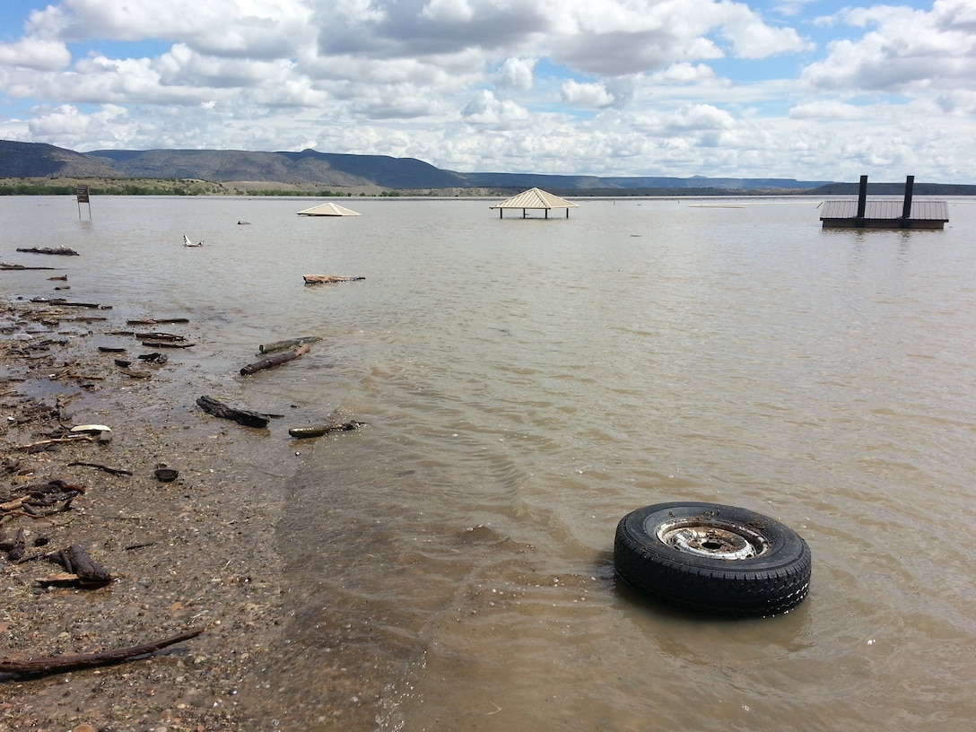 COCHITI LAKE, N.M., -- Shelters at the swim beach, Sept. 16, 2013. The lake rose approximately 15 feet during the heavy rains in mid-September 2013, damaging the shelters and the swim beach area.