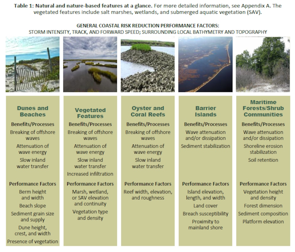 Table 1, Natural and Nature-Based Features at a Glance, from the "Coastal Risk Reduction and Resilience: Using the Full Array of Measures" report. The table contains general coastal risk reduction performance factors, including storm intensity, track, and forward speed; surrounding local bathymetry and topography.