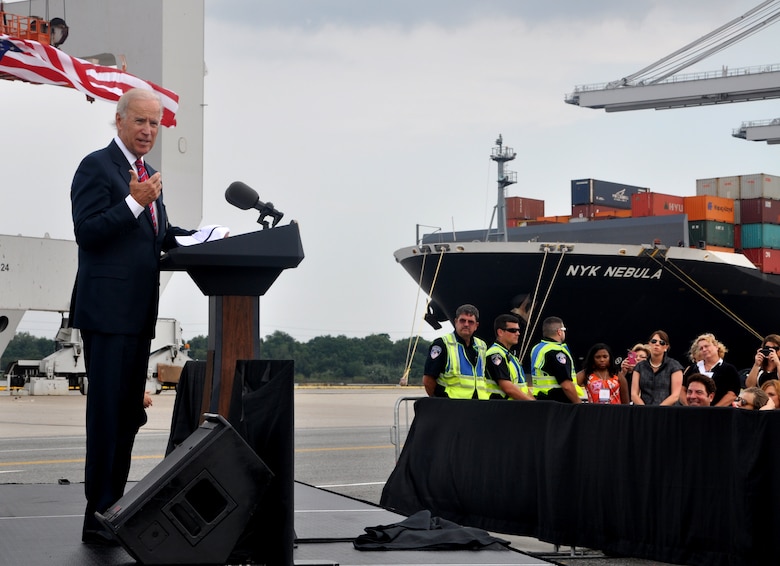 SAVANNAH, Ga.–Vice President Joe Biden gives a speech at the Georgia Ports Authority's Garden City Ocean Terminal about the importance of infrastructure investment to exports, economic competitiveness, and job creation, Sept. 16, 2013. U.S. Army Corps of Engineers' photo by Tracy Robillard.