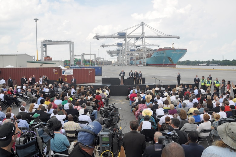 SAVANNAH, Ga.–Vice President Joe Biden gives a speech at the Georgia Ports Authority's Garden City Ocean Terminal about the importance of infrastructure investment to exports, economic competitiveness, and job creation, Sept. 16, 2013. U.S. Army Corps of Engineers' photo by Tracy Robillard.