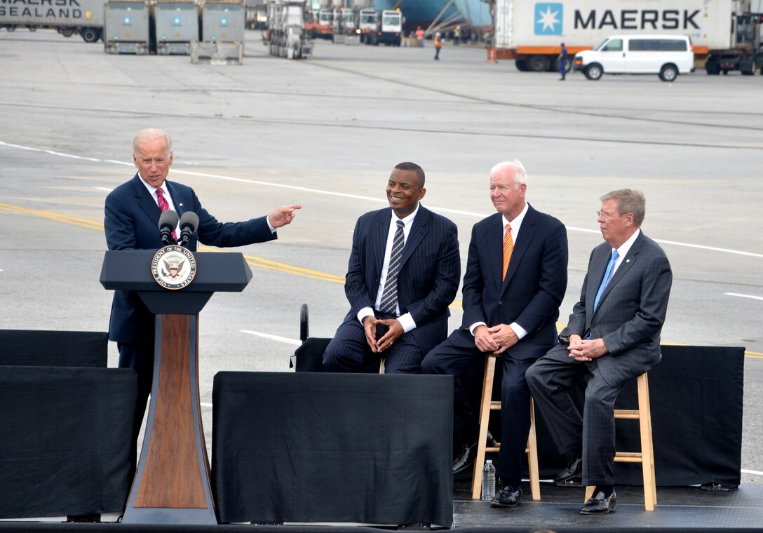 SAVANNAH, Ga.–Vice President Joe Biden gives a speech at the Georgia Ports Authority's Garden City Ocean Terminal about the importance of infrastructure investment to exports, economic competitiveness, and job creation, Sept. 16, 2013. To his left are U.S. Secretary of Transportation Anthony Fox and Georgia Senators Saxby Chambliss and Johnny Isakson. U.S. Army Corps of Engineers' photo by Tracy Robillard.

