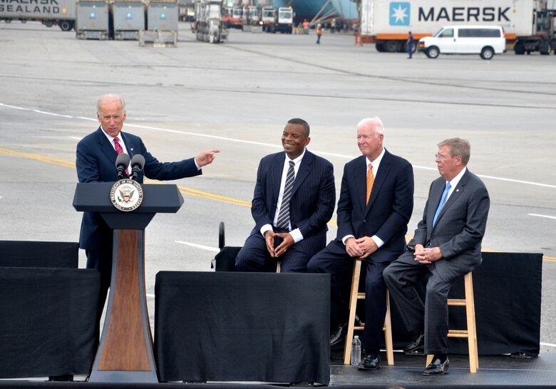 SAVANNAH, Ga.–Vice President Joe Biden gives a speech at the Georgia Ports Authority's Garden City Ocean Terminal about the importance of infrastructure investment to exports, economic competitiveness, and job creation, Sept. 16, 2013. To his left are U.S. Secretary of Transportation Anthony Fox and Georgia Senators Saxby Chambliss and Johnny Isakson. U.S. Army Corps of Engineers' photo by Tracy Robillard.

