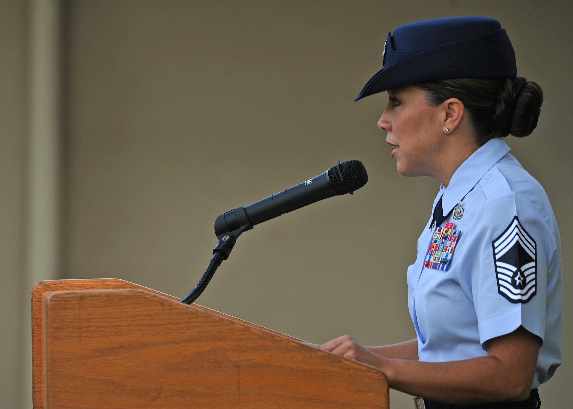 Chief Master Sgt. Sarah Sparks, 15th Wing Professional Military Education commandant, addresses Airman Leadership Class School 13-D and special guests during a prisoners of war/missing in action reveille ceremony at the Binnicker PME center at Joint Base Pearl Harbor-Hickam, Hawaii, Sept. 16, 2013.  JBPHH is recognizing the National POW/MIA recognition week from 16-20 Sept. 2013. (U.S. Air Force photo/Tech. Sgt. Jerome S. Tayborn)