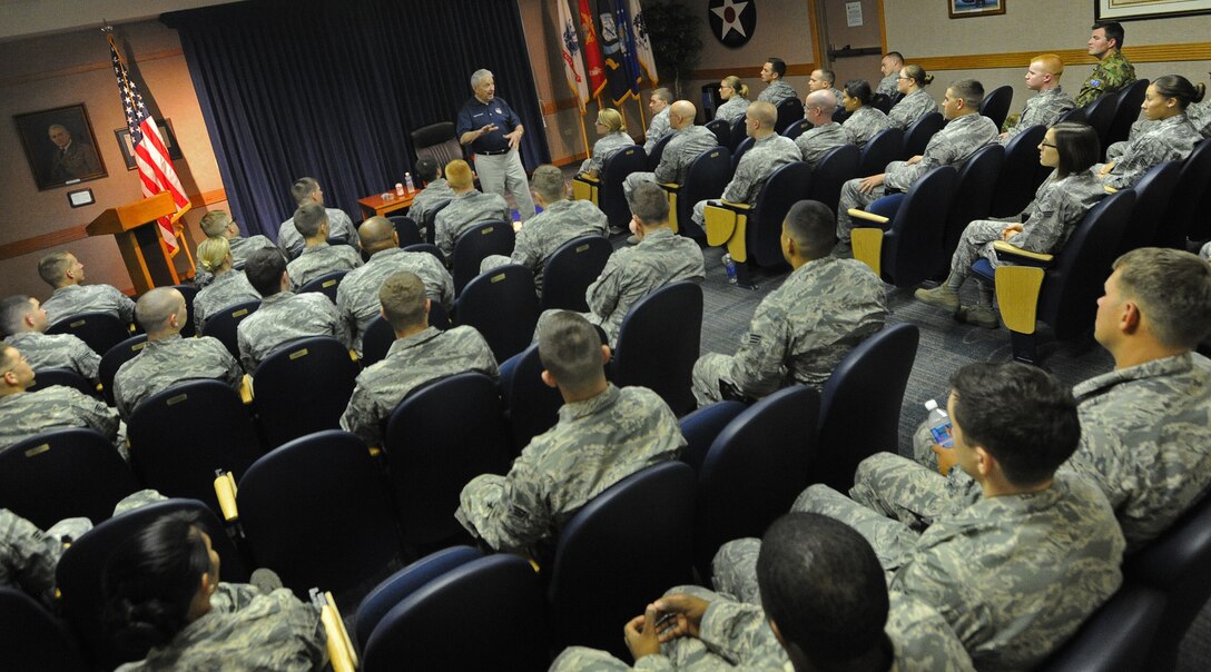 Retired Chief Master Sgt. Robert D. Gaylor, fifth chief master sergeant of the Air Force, speaks to Airman Leadership class 13-D at the Binnicker Professional Military Education Center, at Joint Base Pearl Harbor-Hickam Hawaii, Sept.  12, 2013. Gaylor has spread the message of maintaining a positive attitude and striving for technical aptitude at more than 30 Air Force bases every year since his retirement. U.S. Air Force photo/Tech. Sgt. Jerome S. Tayborn)